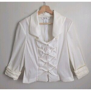 Jackie Jon Dressy Taffeta Jacket Top Ivory White Rhinestones Stretch 8 Evening